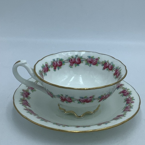 Antique Cauldon England Rose Border Gold Trim Footed China Teacup and Saucer - Picture 5 of 10